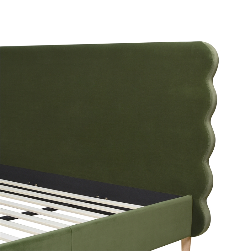 Stockholm Modern Wavy Headboard Platform Bed King Olive Green Performance Velvet