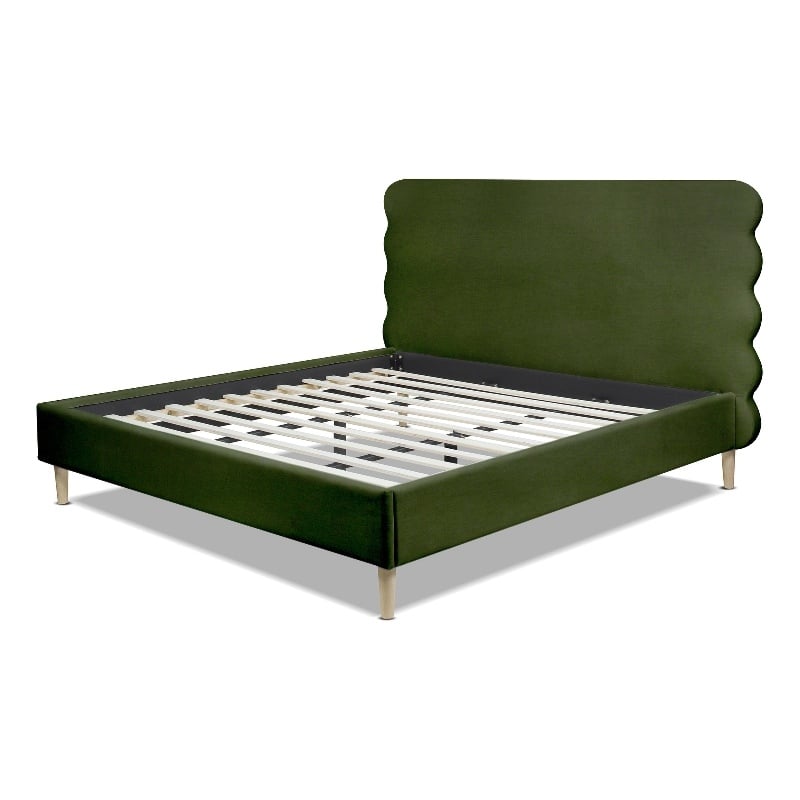 Stockholm Modern Wavy Headboard Platform Bed King Olive Green Performance Velvet