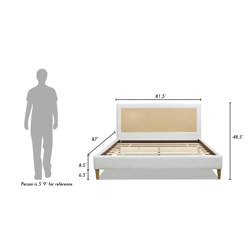 Haley Upholstered Cane Back Platform Bed King Eggshell White Linen