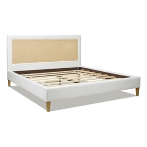 Haley Upholstered Cane Back Platform Bed King Eggshell White Linen
