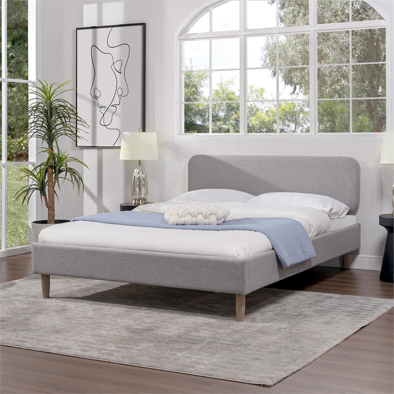 Diego Low Upholstered Platform Bed Queen Light Grey Polyester