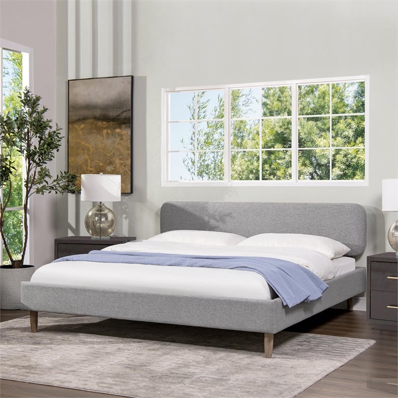 Diego Low Upholstered Platform Bed King Light Grey Polyester