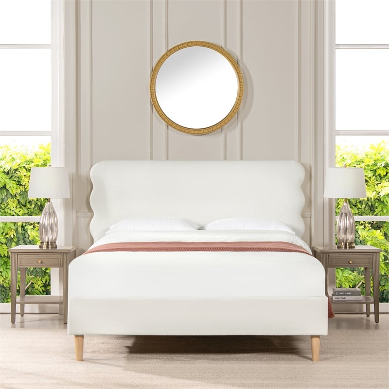 Stockholm Modern Wavy Headboard Platform Bed Queen Antique White Polyester
