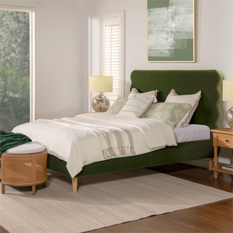 Stockholm Wavy Headboard Platform Bed Queen Olive Green Performance Velvet
