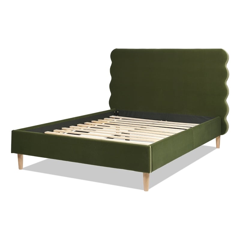 Stockholm Wavy Headboard Platform Bed Queen Olive Green Performance Velvet