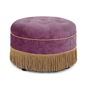 Yolanda 24&quot Round Accent Ottoman Purple Floral Sateen Jacquard with Gold Trim