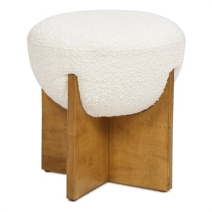 Bali 18.5&quot Round Upholstered Ottoman with Natural Wood Base Ivory White Boucle
