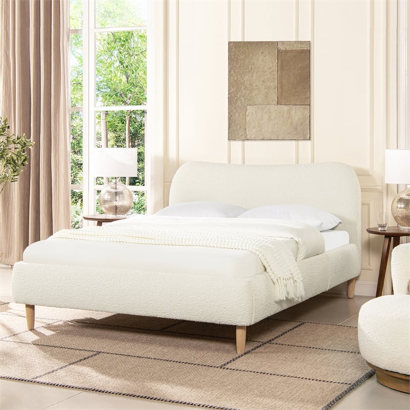 Roman Curved Headboard Upholstered Platform Bed Queen Ivory White Boucle