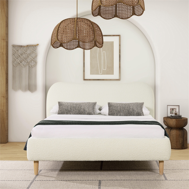 Roman Curved Headboard Upholstered Platform Bed Queen Ivory White Boucle