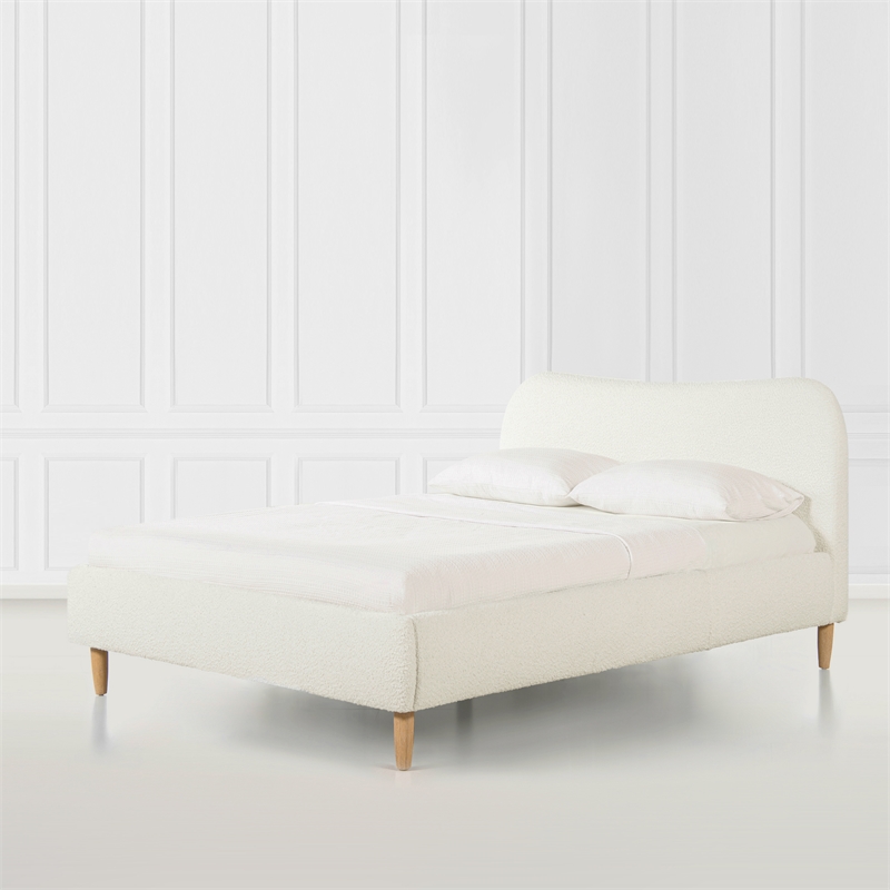 Roman Curved Headboard Upholstered Platform Bed Queen Ivory White Boucle