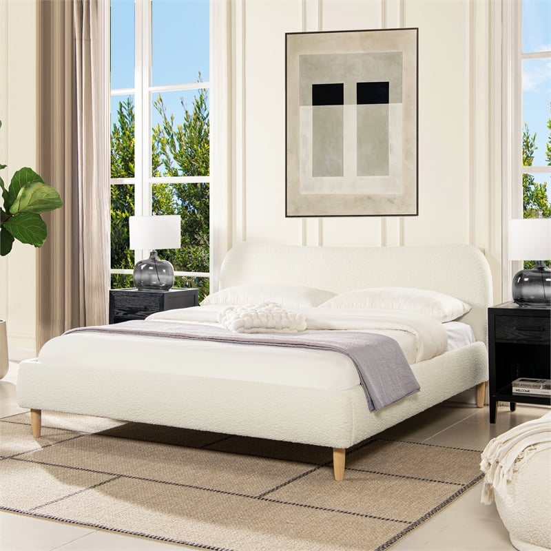 Roman Curved Headboard Upholstered Platform Bed King Ivory White Boucle