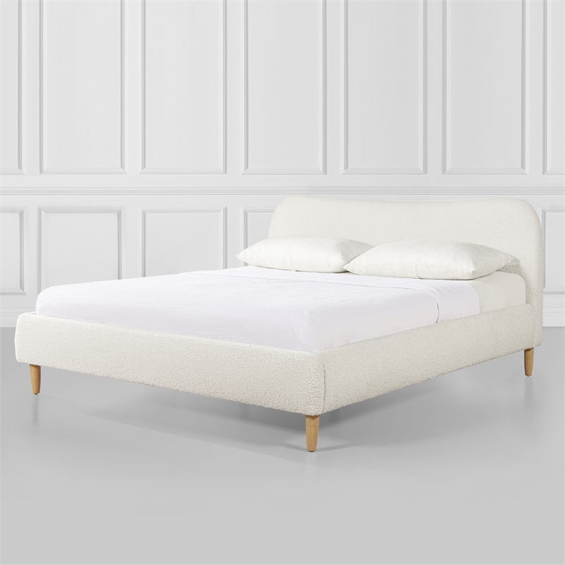 Roman Curved Headboard Upholstered Platform Bed King Ivory White Boucle