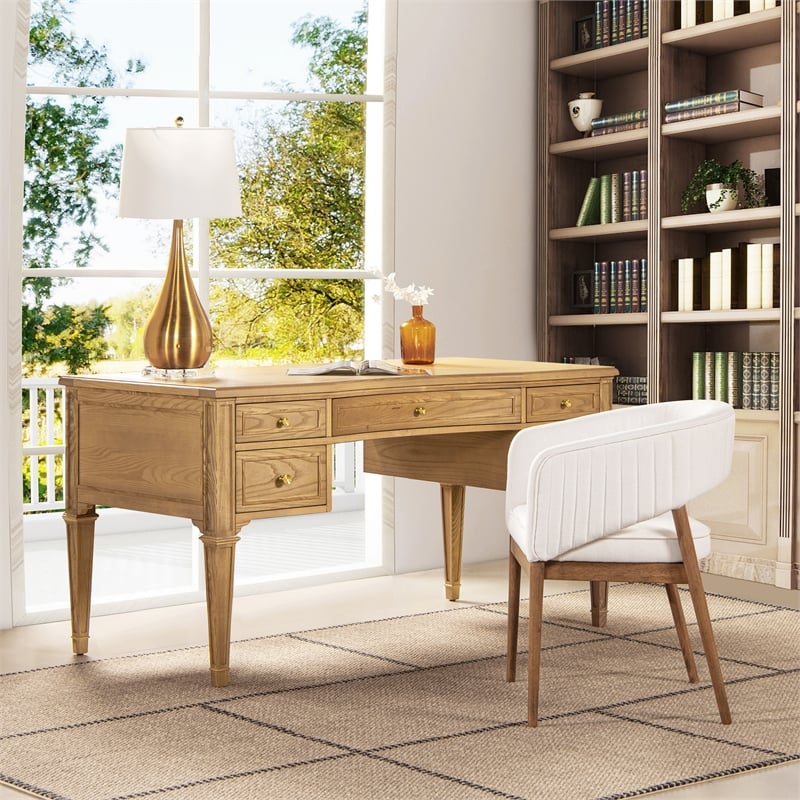 Dauphin Gold Accent 5-Drawer Wood Executive Desk Natural Brown Ash Wood & Veneer