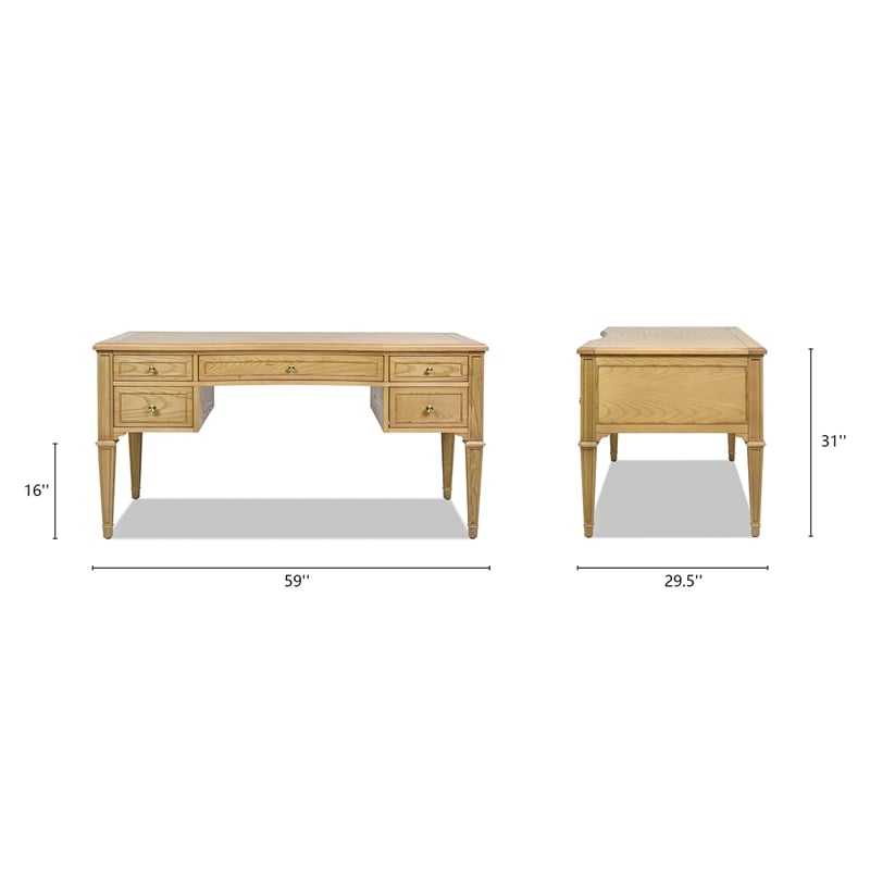 Dauphin Gold Accent 5-Drawer Wood Executive Desk Natural Brown Ash Wood & Veneer