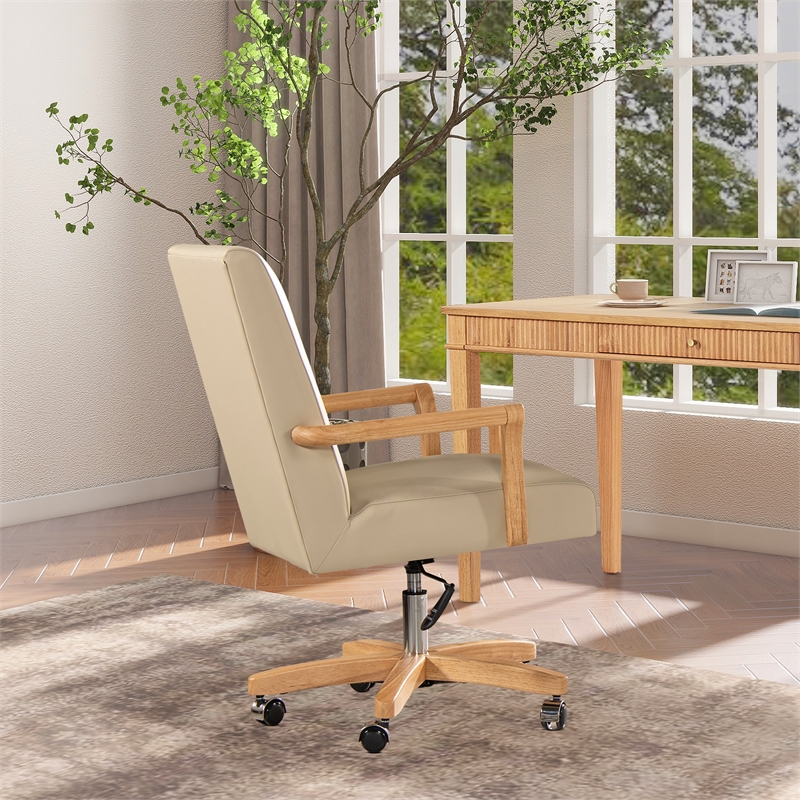Dumont Modern High Back Executive Home Office Chair Neutral Cream Beige & Wood