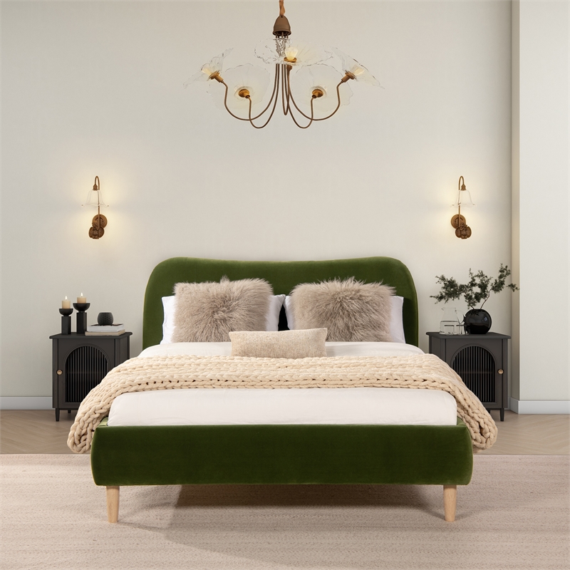 Roman Curved Headboard Upholstered Platform Bed Queen Olive Green