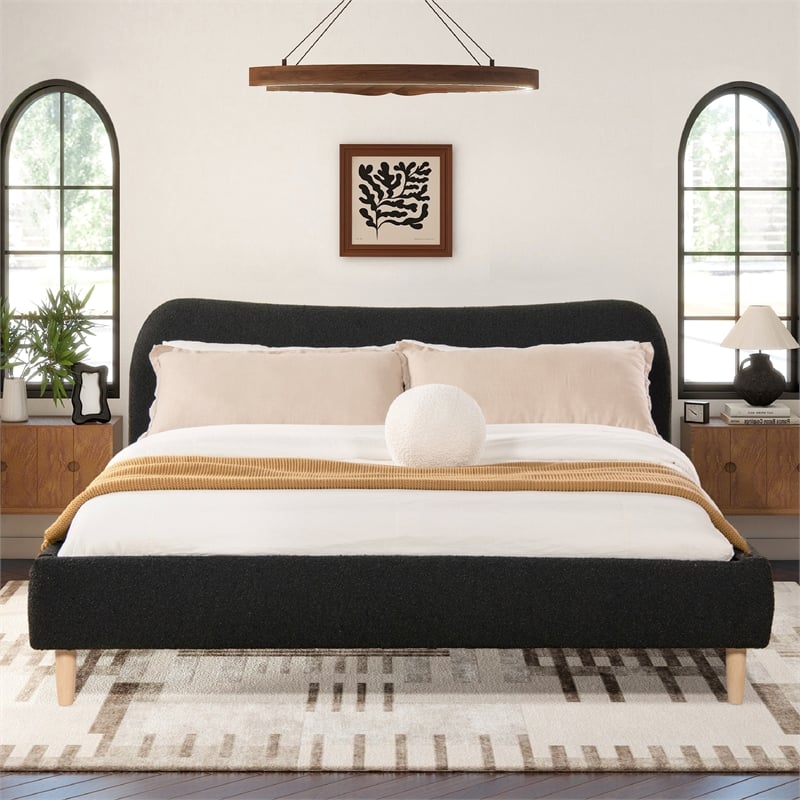 Roman Curved Headboard Upholstered Platform Bed King Ebony Black Boucle