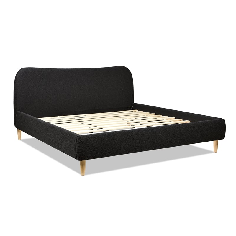 Roman Curved Headboard Upholstered Platform Bed King Ebony Black Boucle