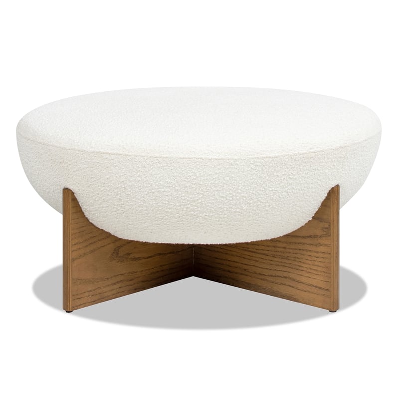 Bali 37 inch Round Upholstered White Cocktail Ottoman with Natural Wood Base