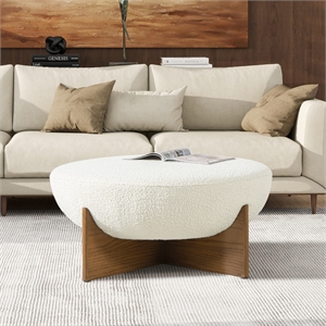 Bali 37 inch Round Upholstered White Cocktail Ottoman with Natural Wood Base
