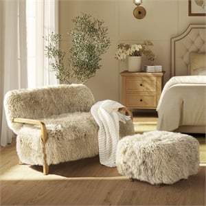 Enchante 52.5&quot New Zealand Sheepskin Accent Loveseat with Taupe Beige Wool