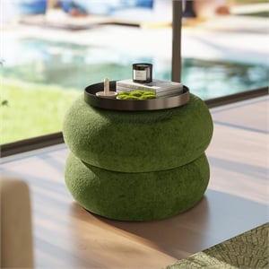 Nest 19.5&quot Low Round Upholstered Ottoman with Moss Green Fleeced Teddy Fabric