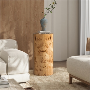 Nebula 29.5&quot Burl Accent Pillar Side Table with Warm Natural Brown Solid Wood