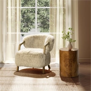 Becker 33&quot Rustic Oak Sheepskin Beige Genuine Fur Upholstered Accent Arm Chair