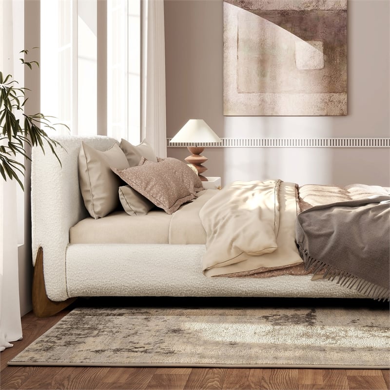 Alpine Puffy Modern Platform Queen Bed Ivory White Boucle