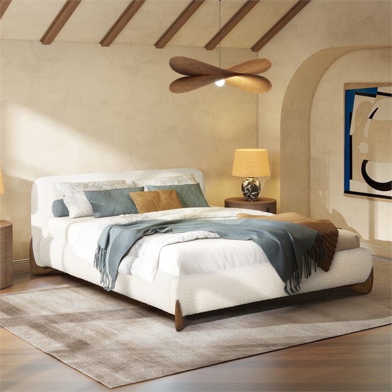 Alpine Puffy Modern Platform Queen Bed Ivory White Boucle