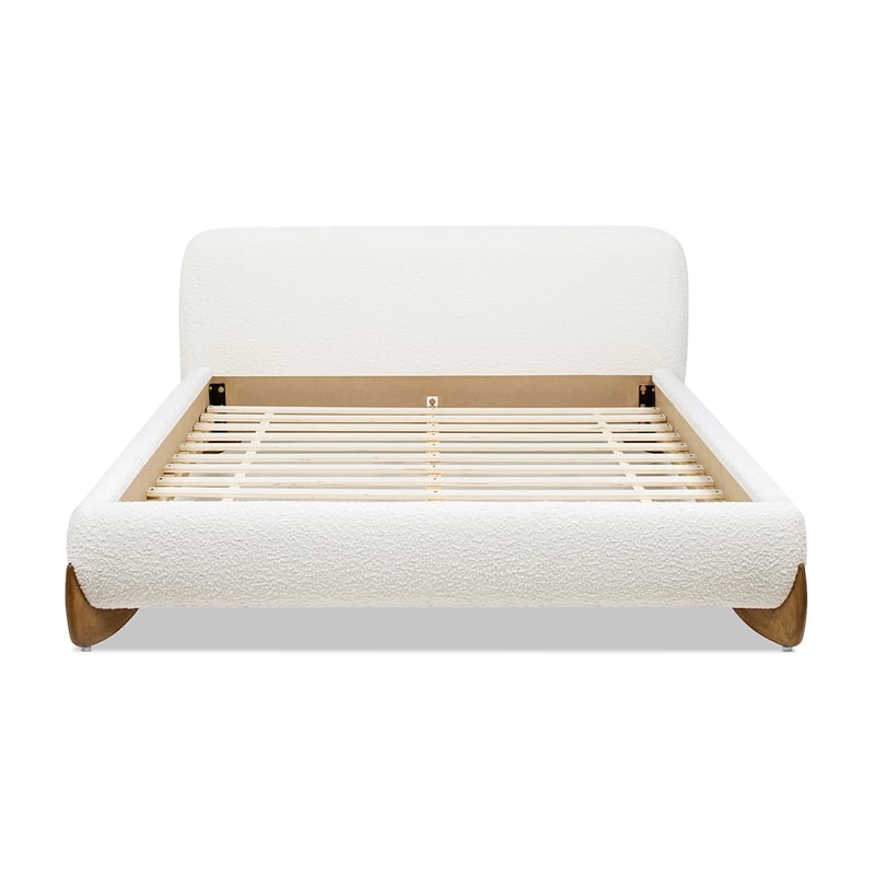 Alpine Puffy Modern Platform Queen Bed Ivory White Boucle
