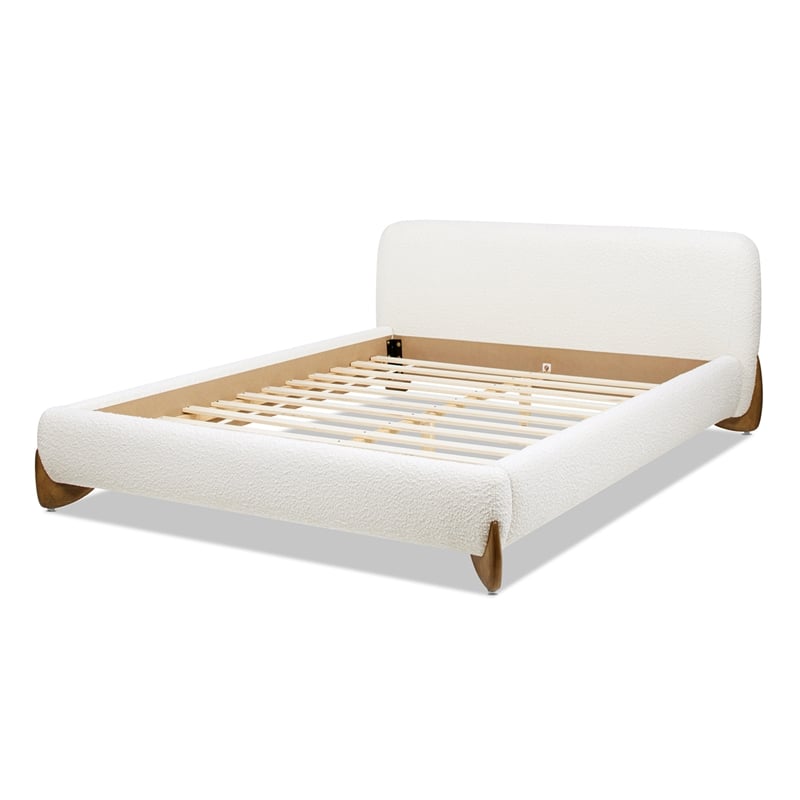 Alpine Puffy Modern Platform Queen Bed Ivory White Boucle