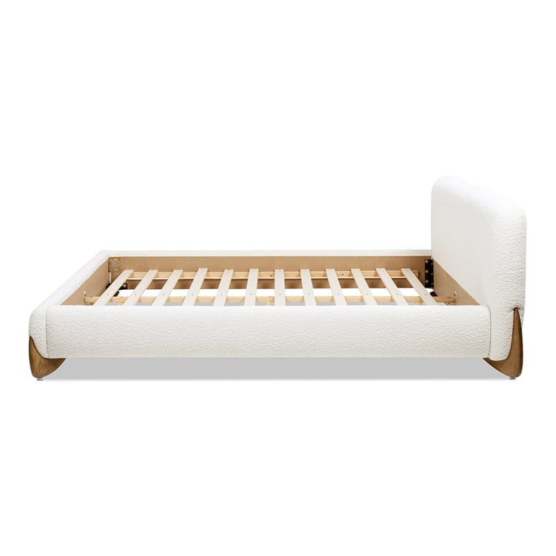 Alpine Puffy Modern Platform Queen Bed Ivory White Boucle