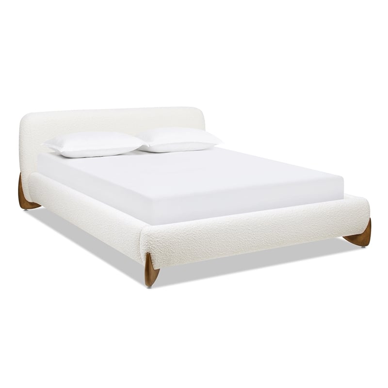 Alpine Puffy Modern Platform Queen Bed Ivory White Boucle