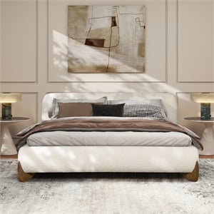 Alpine Puffy Modern Platform Queen Bed Ivory White Boucle