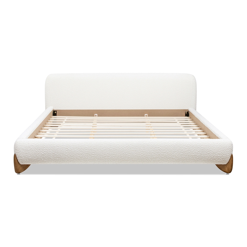 Alpine Puffy Modern Platform Bed King Ivory White Boucle