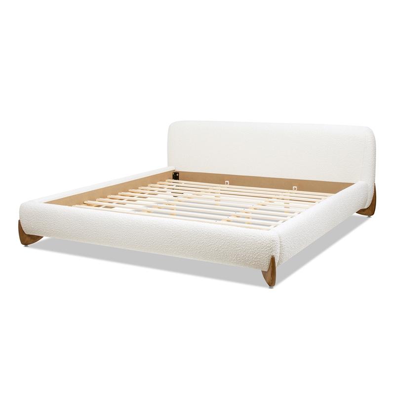 Alpine Puffy Modern Platform Bed King Ivory White Boucle