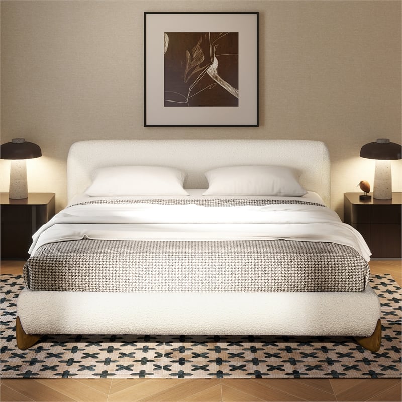 Alpine Puffy Modern Platform Bed King Ivory White Boucle