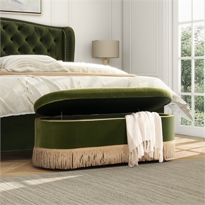 Melinda 48.5&quot Oval Tufted Bullion Fringe Storage Bench Olive Green Velvet