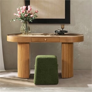 Jesse 55.5&quot Single Drawer Fluted Oval Console Desk Honey Brown Rubberwood