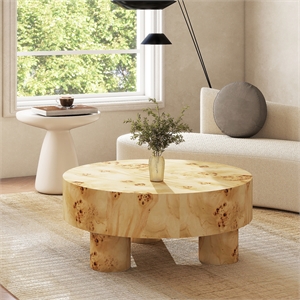 Nebula 35.5&quot Round Pillar Leg Coffee Table Warm Natural Brown Burl Wood
