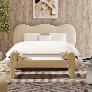 Mason 60.5&quot Arched Arm Bench with Bolster Pillow Camel Brown Beige Velvet