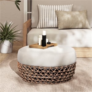 Willow 25&quot Round Upholstered Woven Patio Ottoman Golden Brown Wicker Frame Beige