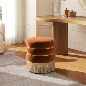 Edward 17.5&quot Round Upholstered Ottoman with Bullion Fringe Orange Velvet
