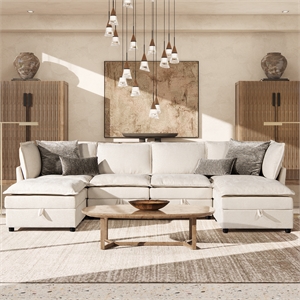 Sadie 124&quot Modular U-Shaped Sectional Sofa-in-a-Box with Storage Beige Chenille