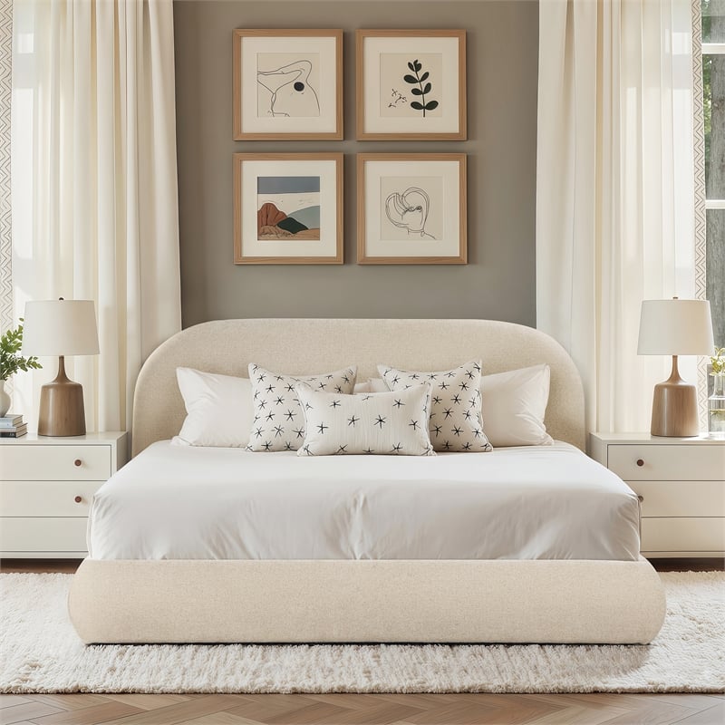 Archie Puffy Grounded Upholstered Platform Bed Oatmeal Light Beige Chenille