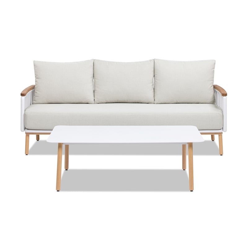 Calarono 2pc Teak & Aluminium Outdoor Sofa and Coffee Table Patio Set Sand Dune