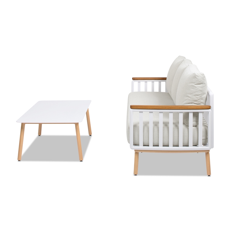 Calarono 2pc Teak & Aluminium Outdoor Sofa and Coffee Table Patio Set Sand Dune