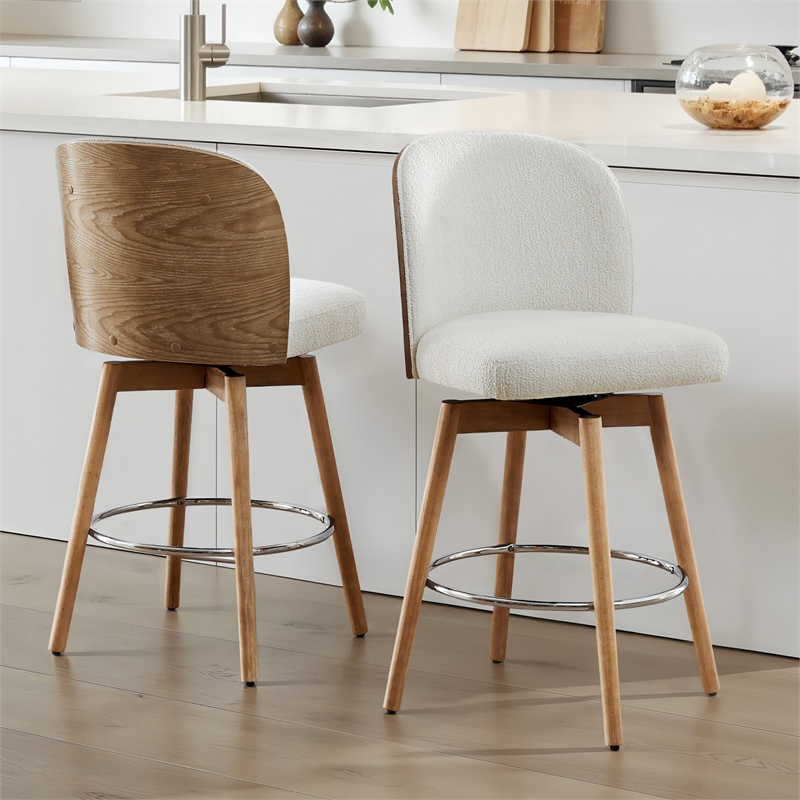Tomlin Bentwood Upholstered Swivel Counter Stool Set of 2 Off White Boucle