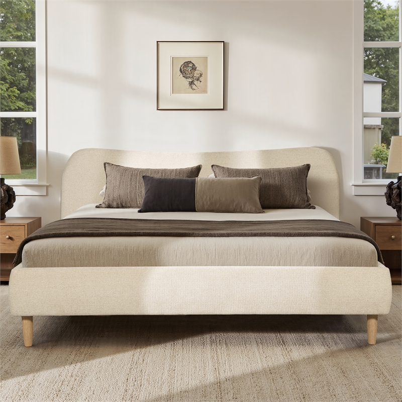 Roman Curved Headboard Upholstered Platform Bed King Light Beige Chenille